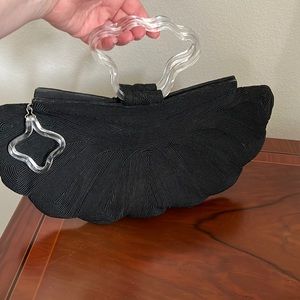 Vintage black material purse with lucite handles with hidden top zipper